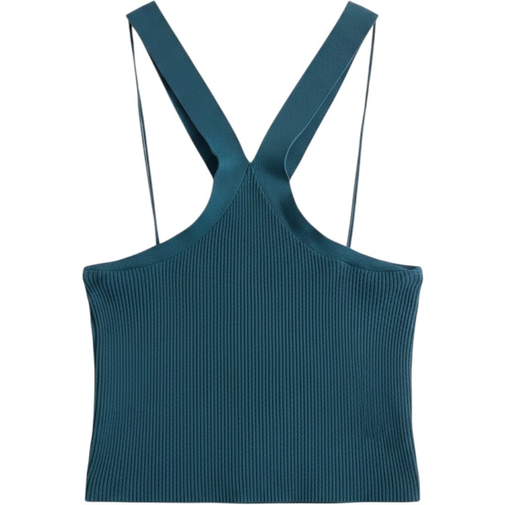 Halogen Women Teal Blue Ribbed Knit Halter Crisscross Strap Camisole Top XL NEW